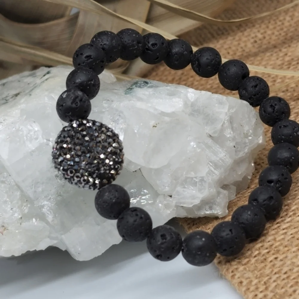 Large Natural Lava Stone PaveCrystals Beaded Natural stones Bracelet